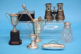 Two silver trophies, weight 5.2oz/164.1gm, a pair of opera glasses, a silver mounted box, a silver
