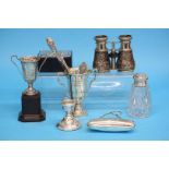 Two silver trophies, weight 5.2oz/164.1gm, a pair of opera glasses, a silver mounted box, a silver