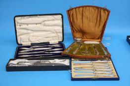 A boxed silver handled button hook, glove stretcher etc., a cased set of six silver handled tea