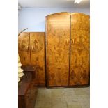 Two Deco walnut wardrobes and a dressing chest