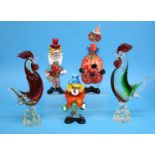 Two Murano style glass clowns and two cockerels