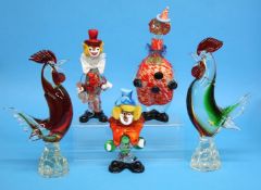 Two Murano style glass clowns and two cockerels