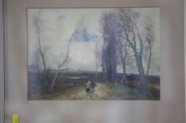 Pair of Watercolours, landscapes with figures walking down a path