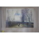 Pair of Watercolours, landscapes with figures walking down a path