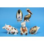 Royal Crown Derby paperweights, pig, teddy bear, hedgehog, penguin, pelican (5)