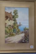 Watercolour, Coastal village scene, Peter C Browne