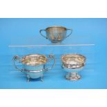 Two silver two-handled bowls and another silver pedestal bowl, weight 9.9oz/308.7gm