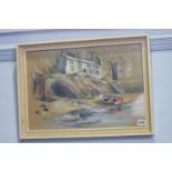 Pastel, Beach scene with Fisherman's cottages, Roy Stringfellow