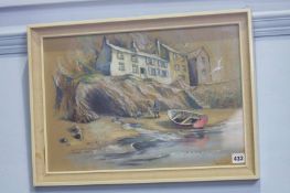 Pastel, Beach scene with Fisherman's cottages, Roy Stringfellow