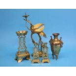 A Chinese brass and jade 3 part altar piece, each candlestick inset with a piece of carved and