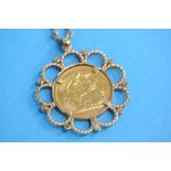 A gold sovereign dated 1890, mounted in 9ct gold and a gold 9ct chain, total weight 20.4gm