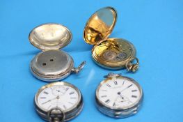 Three Continental silver pocket watches and a plated watch