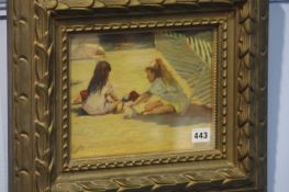Oil on canvas, Beach scene with two children building sandcastles, indistinct signature, lower left