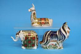 Royal Crown Derby paperweights, elephant, collie dog, llama (3)