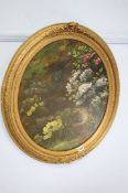 Gilt framed oval, Still Life, Birds nest surrounded by flowers, signature indistinct