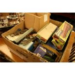 Box of model Hornby Dublo train track, carriages etc.