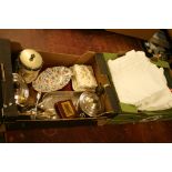 Two boxes of assorted china, linen etc.