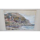 Watercolour and charcoal coastal scene indistinct signature lower left