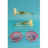 A pair of pink and white Victorian crimped glass d