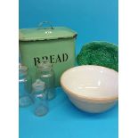 A green enamelled bread bin, a mixing bowl, 3 clea