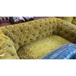 Edwardian 2 seater chesterfield sofa, gold velour upholstery with 2 matching armchairs