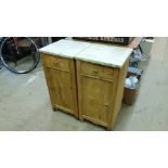 Pair of marble top pine bedside cabinets