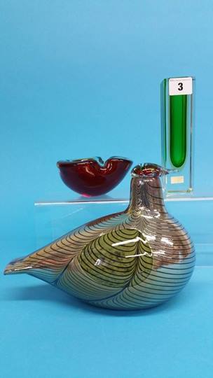 A Finnish Nuutajarvi model glass bird and two othe