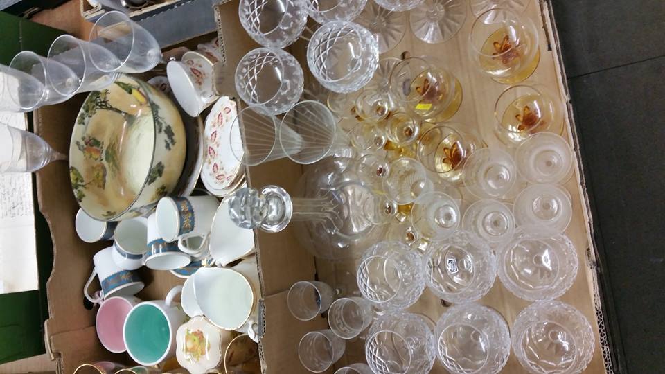 2 Trays cut glass and china