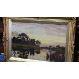 Oil on canvas landscape, church on riverbank Richard William Halfnight