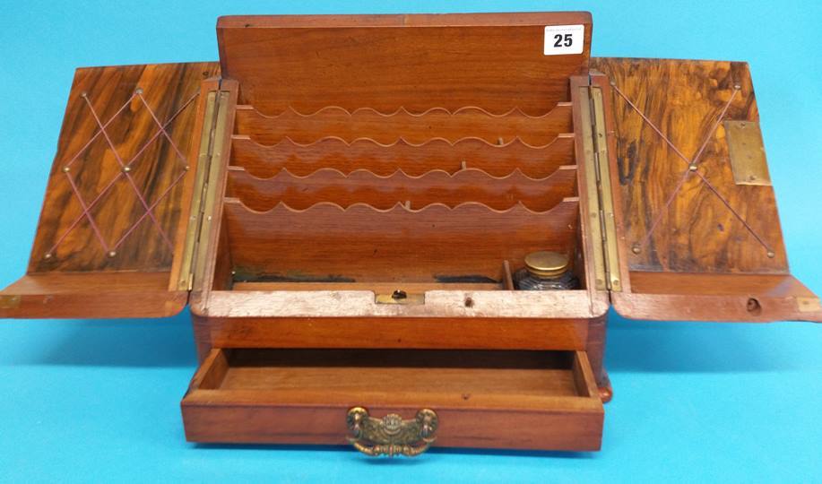 A Victorian walnut stationary box with fitted inte