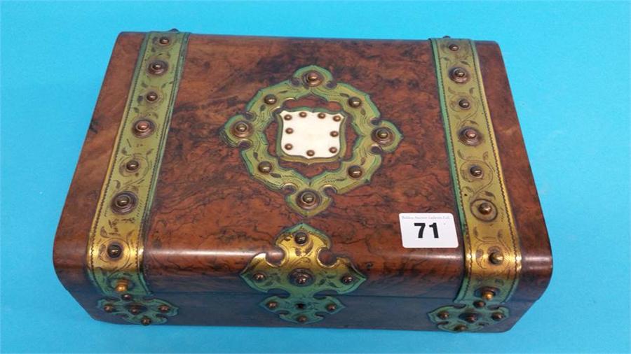 A Victorian walnut and brass bound jewellery box,