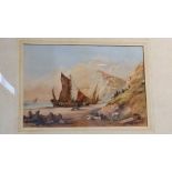 Watercolour seashore scene fisherman tending to his boat, signed W.Abey