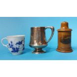 Small silver mug, Mauchline ware lidded pot and a