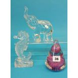 A Waterford glass model elephant, a seahorse etc.
