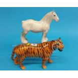 A Beswick grey Shire horse and a Beswick tiger (3)