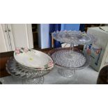 Three cake stands and 2 Maling dishes