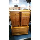 Pine box and pair pine bedside cabinets