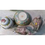 Assorted Oriental china including pair of pigeons