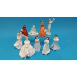 Eight Royal Doulton ladies and a Worcester figure.