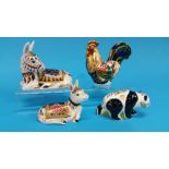 Four Royal Crown Derby paperweights, panda, hen an