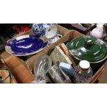 2 Boxes assorted china, metalware etc.