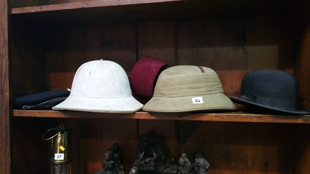 Various hats including 2 pith helmets