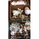 3 boxes, assorted silver plate, lamps, Wade etc./