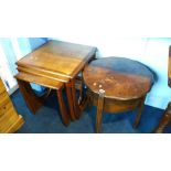 Teak nest of tables and a sewing box