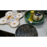 Clarice Cliff biscuit barrel, Majolica tray etc.