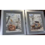R. Phillips, pair of water colours, signed, dated **04 'Vintage car scrap yard' 35 x 26cm
