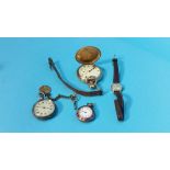 A gold plated pocket watch, 2 others and a Ladies Omega wristwatch