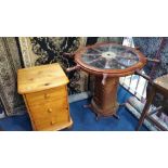 Ships wheel occasional table and a pine bedside cabinet