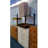 Modern chest of drawers, linen basket and a tea trolley