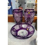 Pair cut glass vases and a bowl